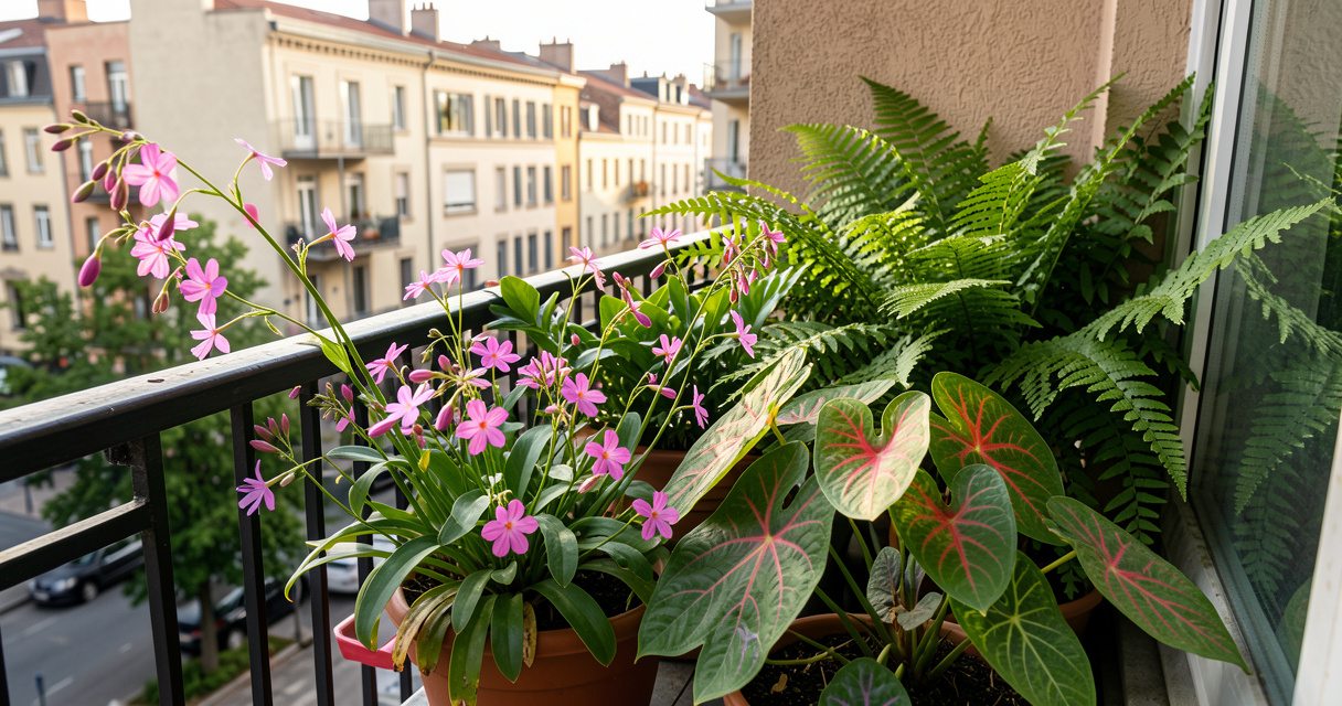 Wishbone flower and caladium brighten a shady garden corner beautifully