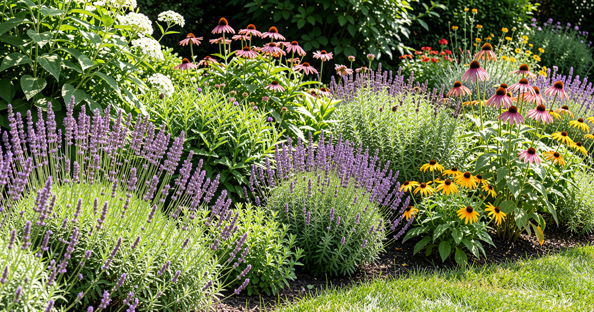 Deer proof plants in a sunny border with lavender and black-eyed Susans