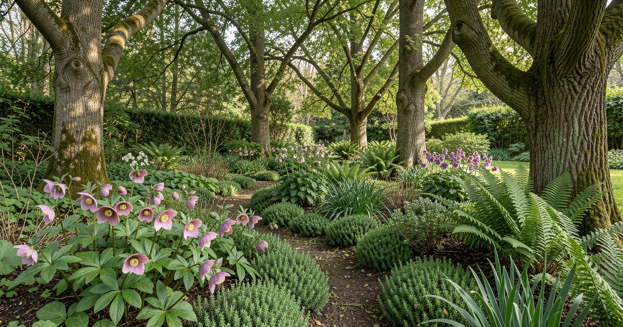 Deer resistant shade plants with hellebores, ferns, and barrenwort