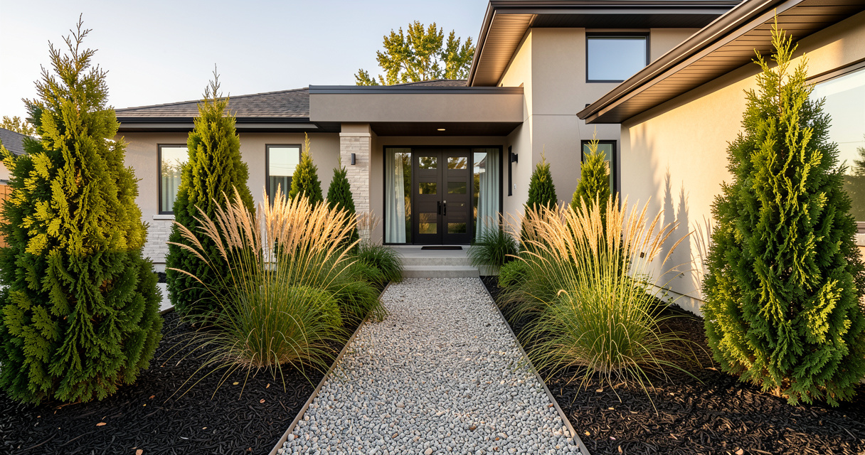 Low-maintenance front yard with gravel path and evergreen shrubs