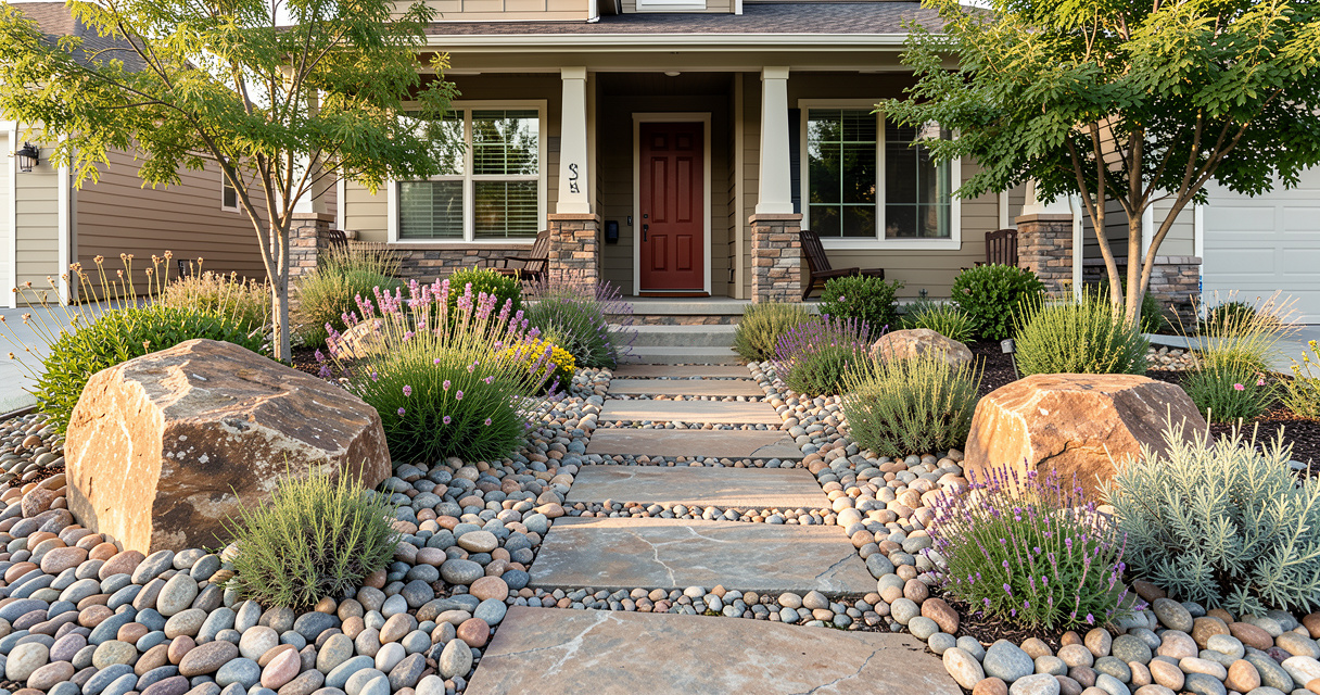 Xeriscape low-maintenance front yard with river rock and boulders