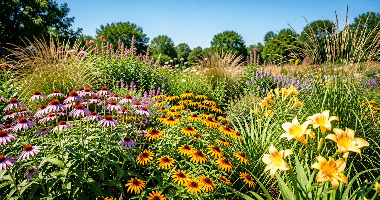 Vibrant full sun perennial border with coneflowers and black-eyed Susans