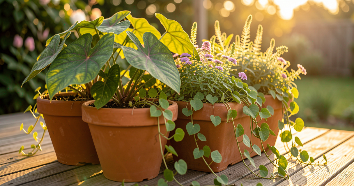 Sun-drenched container plants with caladiums and sweet potato vine on deck