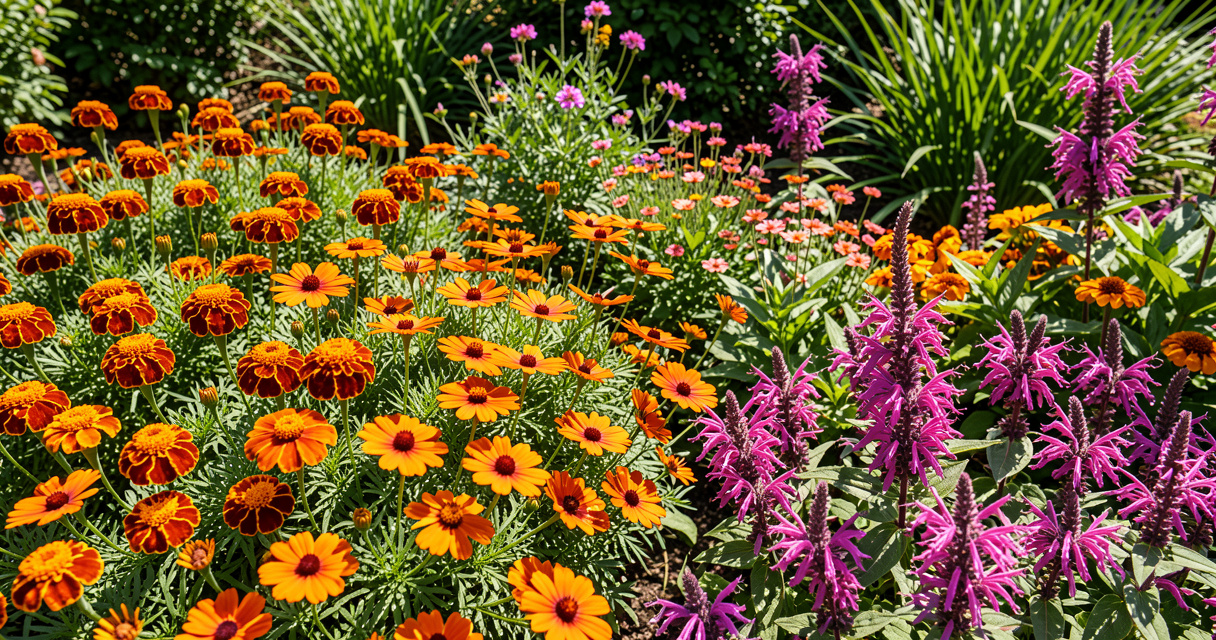Full sun flowers like marigolds and coreopsis in a bright backyard border