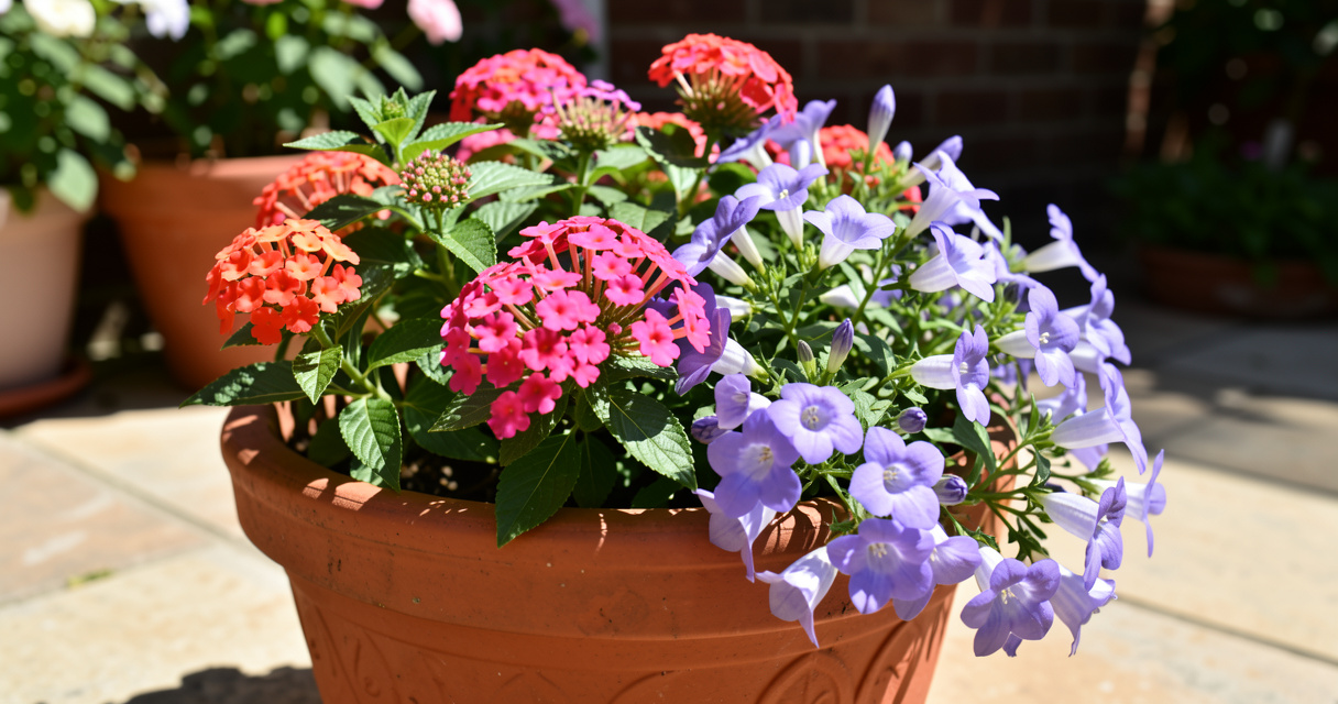 Container of lantana and verbena full sun flowers on a sunny patio