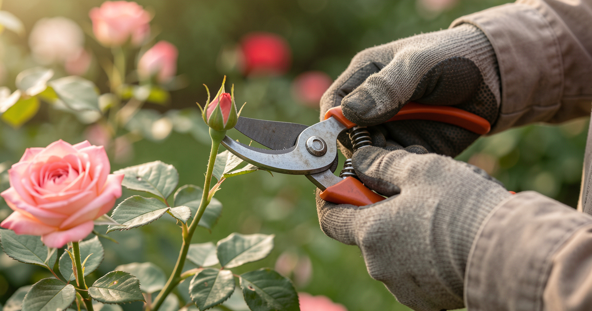 Pruning a rose plant in spring: cut old cane with bypass pruners