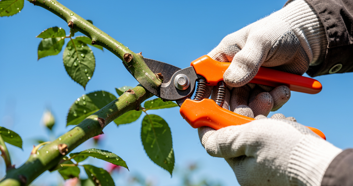 Gardener using hand pruners to trim a rose bush at a 45-degree angle