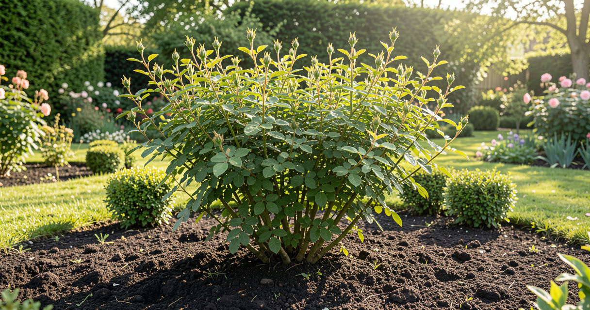 Neatly pruned rose bush with open center and fresh spring growth