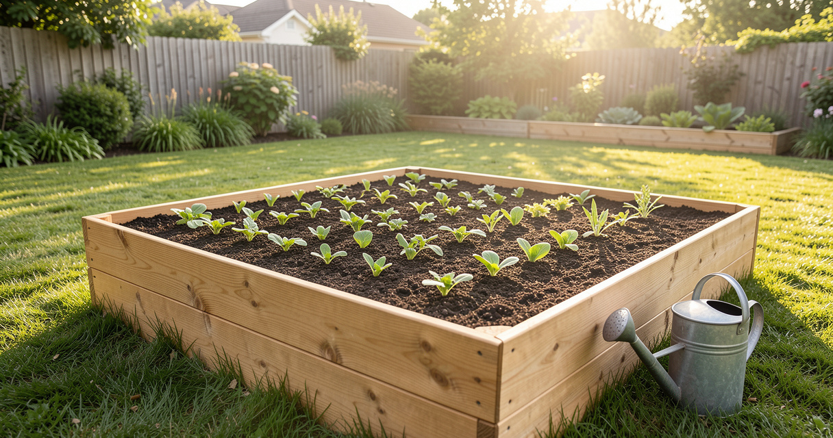 Cedar raised garden bed for sale with vegetables in a sunny backyard