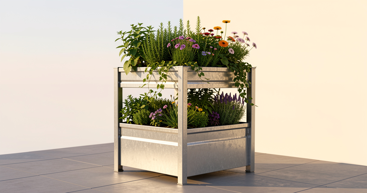 Galvanized raised garden bed for sale on a sunny patio with herbs