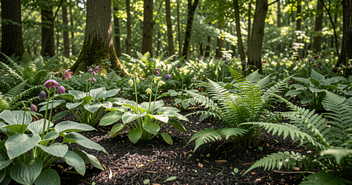 Shade hardy perennials like hostas and ferns in a woodland garden