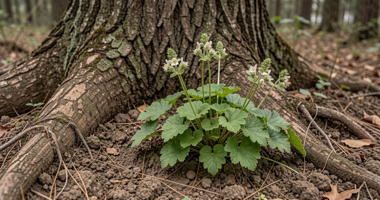 Hellebores and epimedium blooming in dry shade under trees