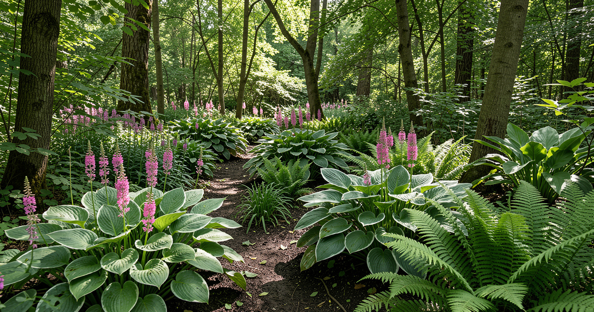 Shade loving flowers: hostas and astilbes in a lush shade garden