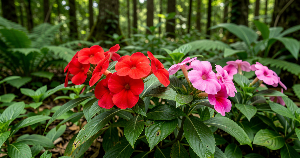 Vibrant impatiens blooming in a shady woodland garden setting