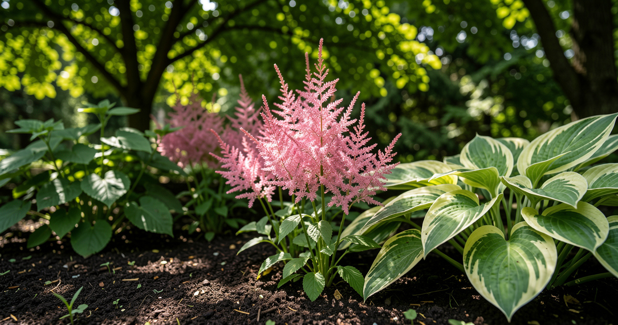 Pink astilbe plumes blooming in shade under a leafy tree canopy