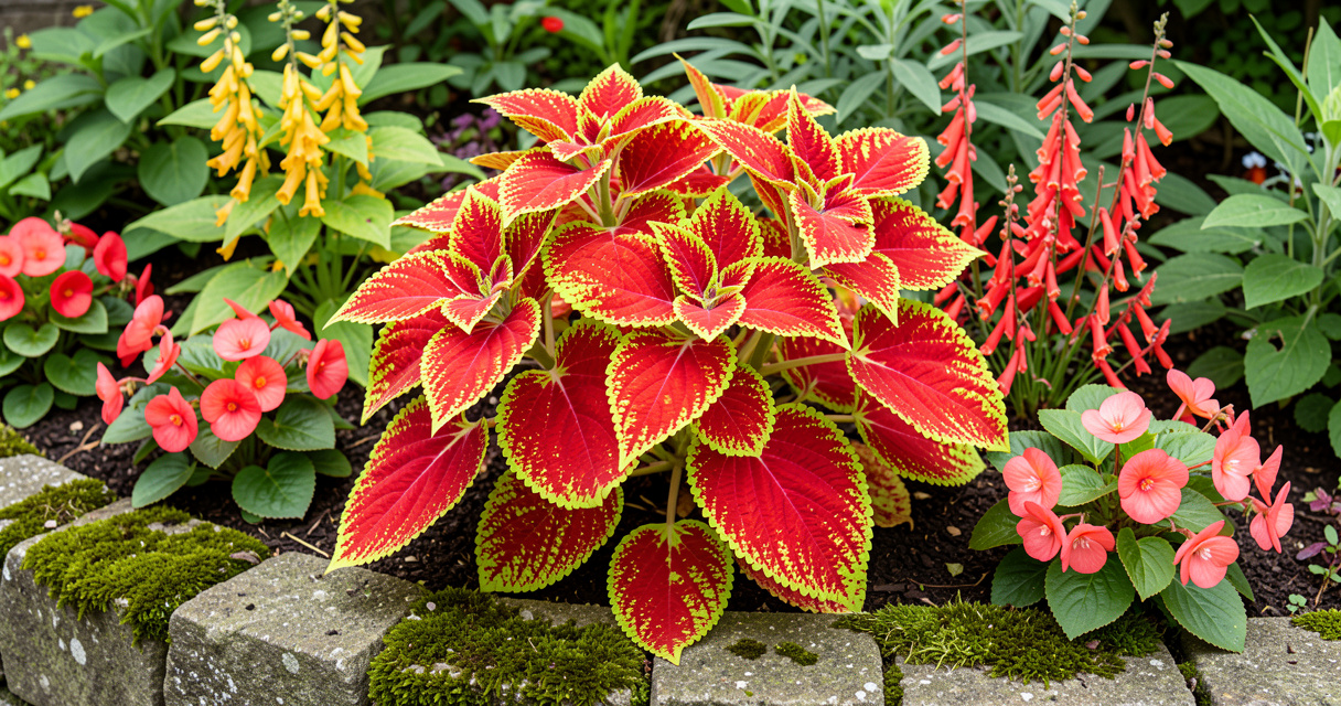 Bright coleus and begonia flowers that grow in shade in a border