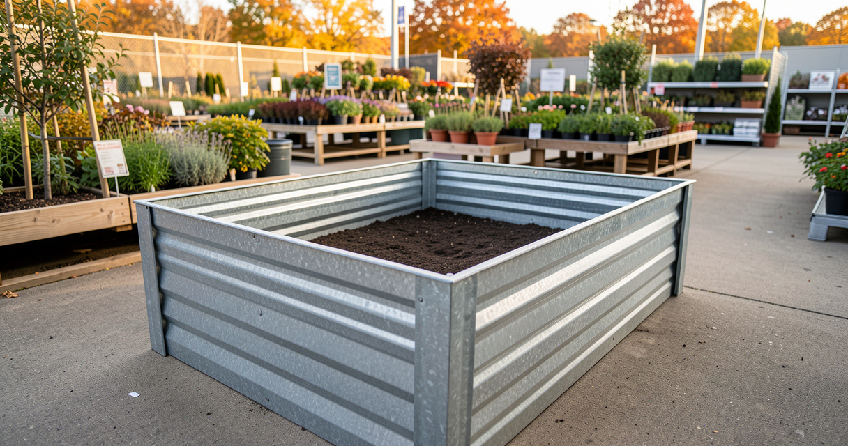 Metal raised garden bed clearance display in an autumn garden center aisle