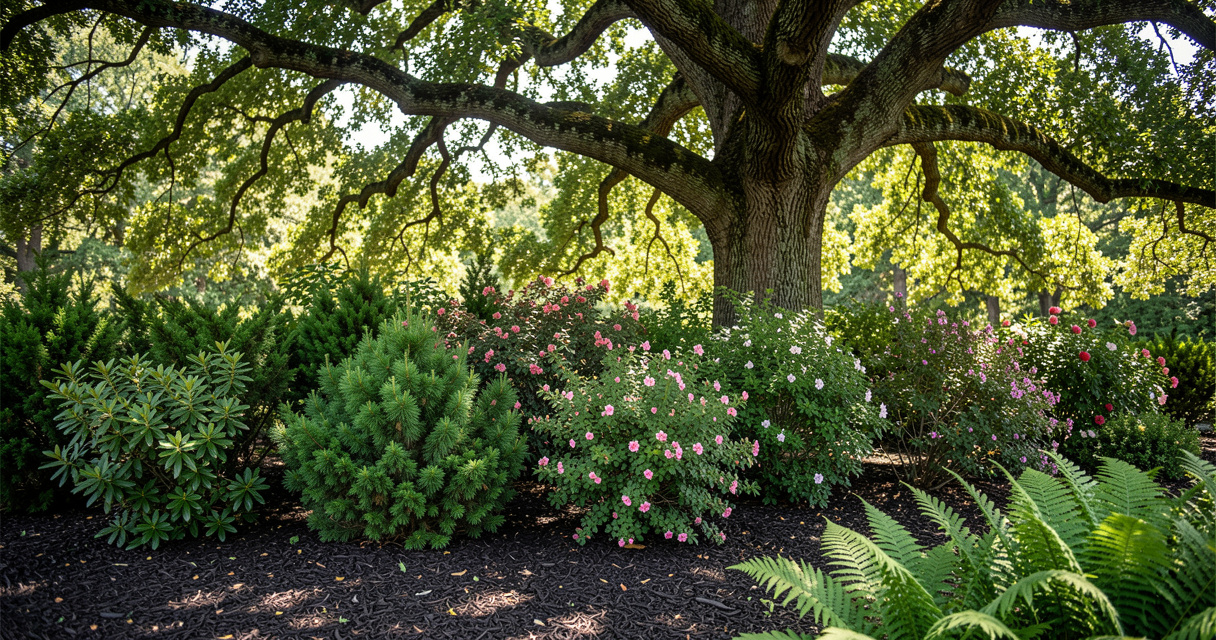 Lush evergreen shrubs for shade in a layered woodland border