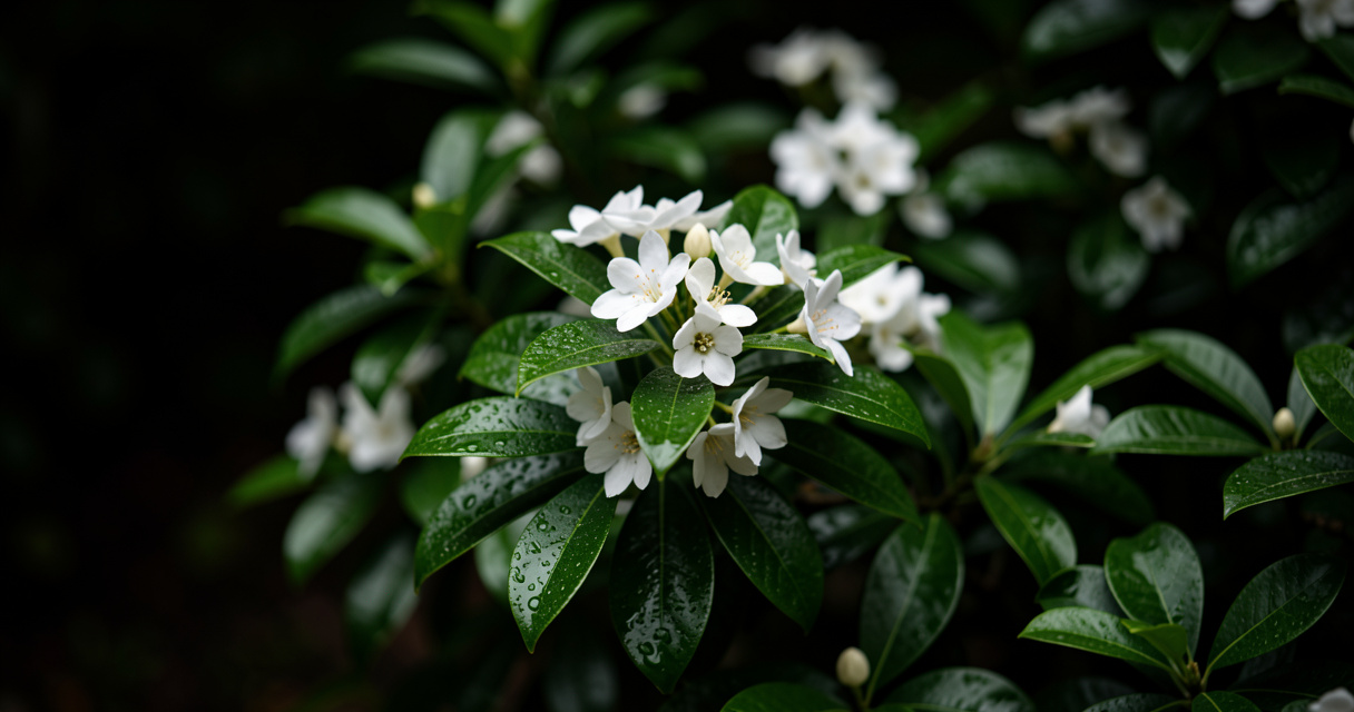 White flowering shrubs for shade blooming in a dim garden corner