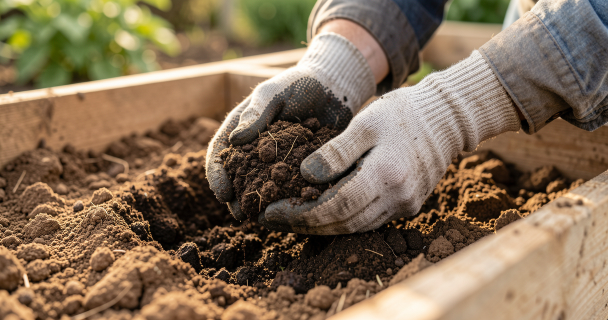 Compost folded into dark garden soil: soil amendments at work