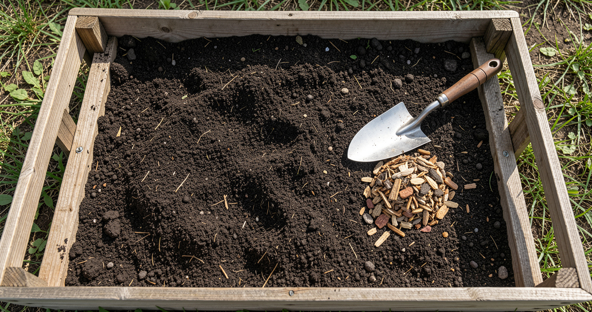 Raised bed filled with loamy amended soil ready for spring planting