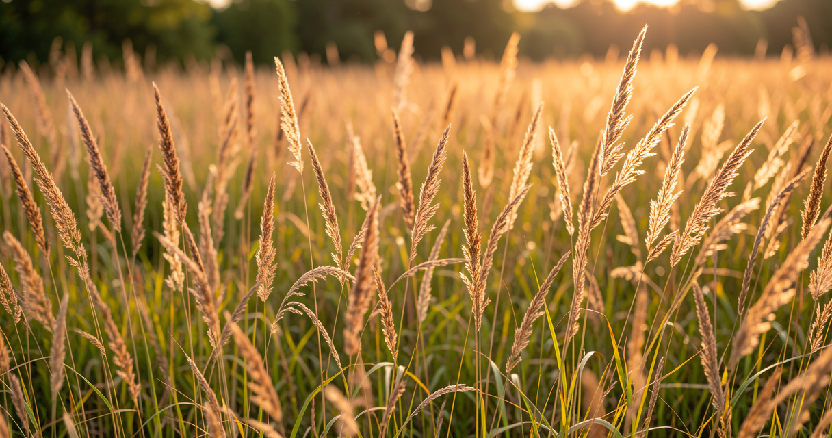 Native prairie grasses in an Illinois landscape at golden hour